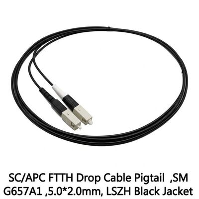 Coda a treccia SC/APC FTTH con cavo drop con fibra G657A1 e guaina LSZH nera per una connettività affidabile