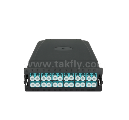 Modulo cassetta preterminato da MPO/MTP a LC – 12 o 24 core, pannello frontale duplex LC, adattatori posteriori MPO doppi, plug-and-play per cablaggio di data center ad alta densità