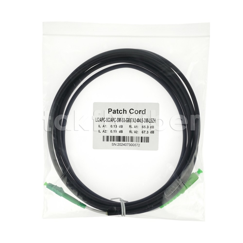 Telecom Grade CPR Dca Certificato 4.5mm Double Shealth Fiber Optic Patchcord SM G657AB3 LSZH Black Jacket SCAPC a LCAPC